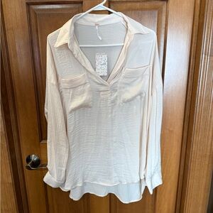 Free People Light Cream Buttonless V-Neck Pocket Blouse